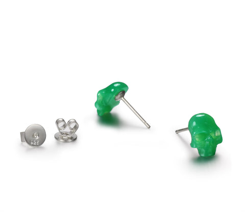 Gemstone, Chrysoprase Carved Crystal Skull Earrings with Sterling Silver