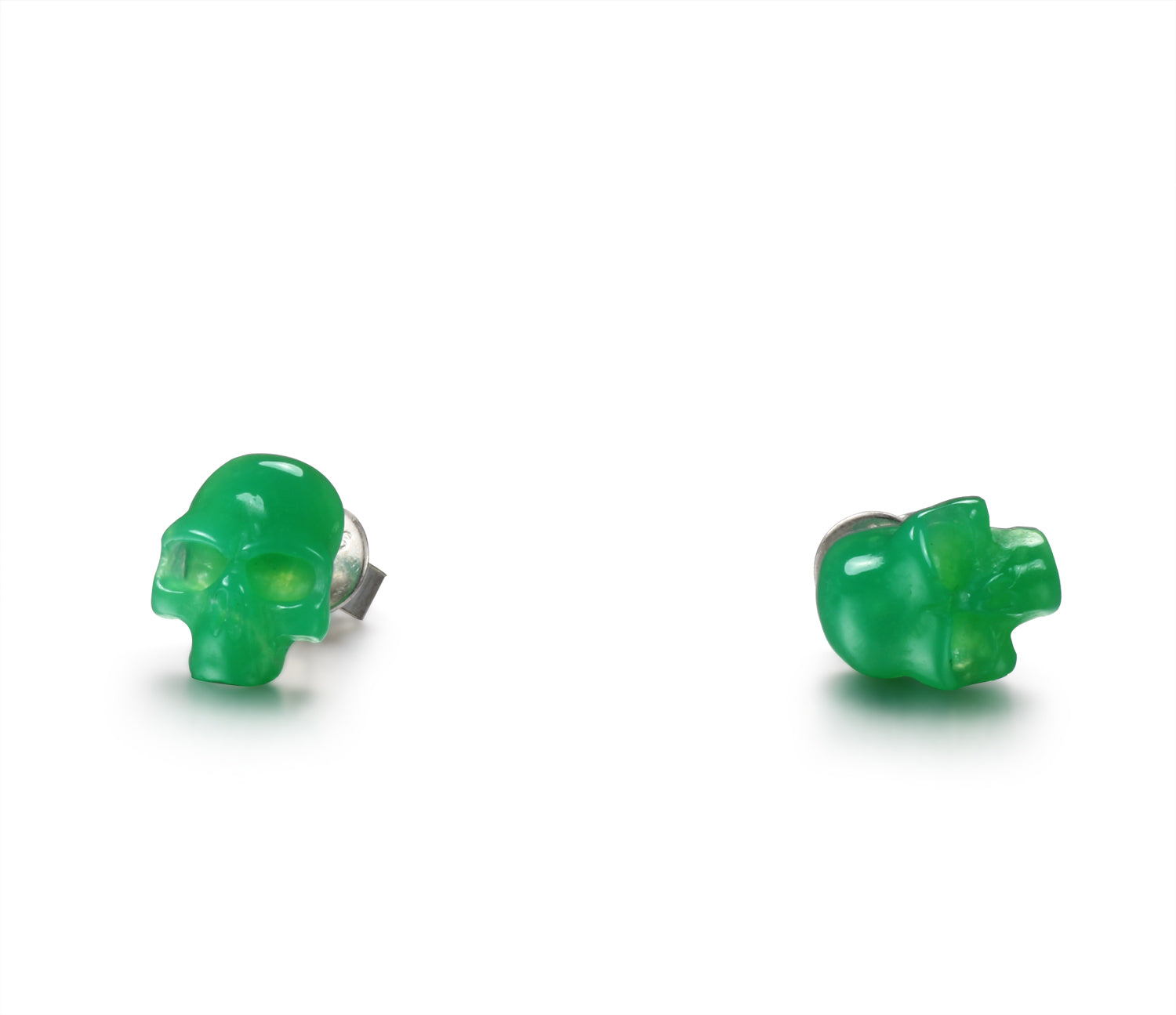 Gemstone, Chrysoprase Carved Crystal Skull Earrings with Sterling Silver
