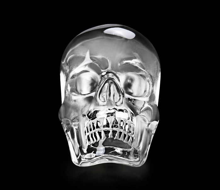 Visage - Skullis Signature Quartz Rock Crystal Carved Gemstone Crystal Skull with Sterling Silver Ring