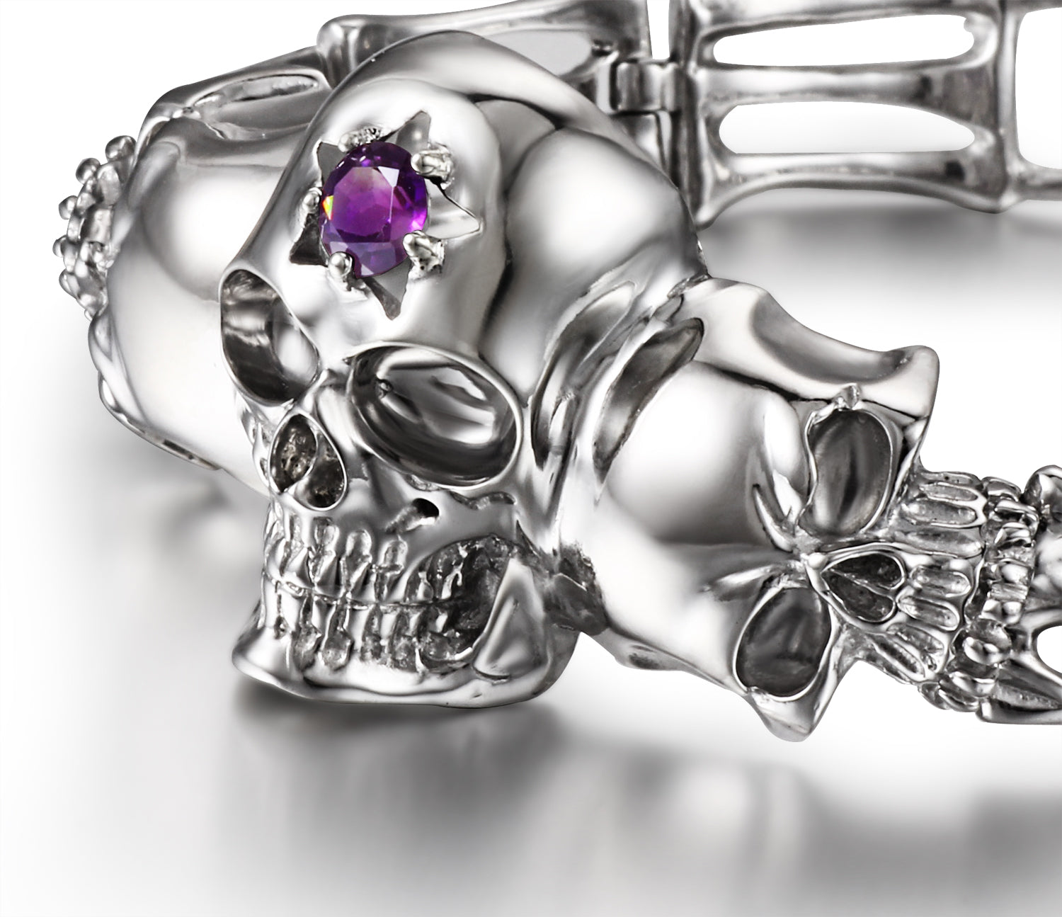 Gemstone Amethyst in Rhodium Plated Sterling Silver Skull Bracelet