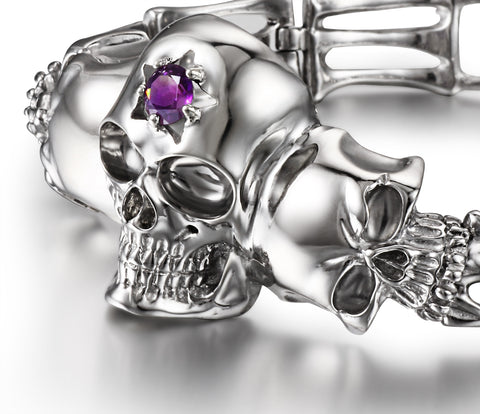 Gemstone Amethyst in Rhodium Plated Sterling Silver Skull Bracelet