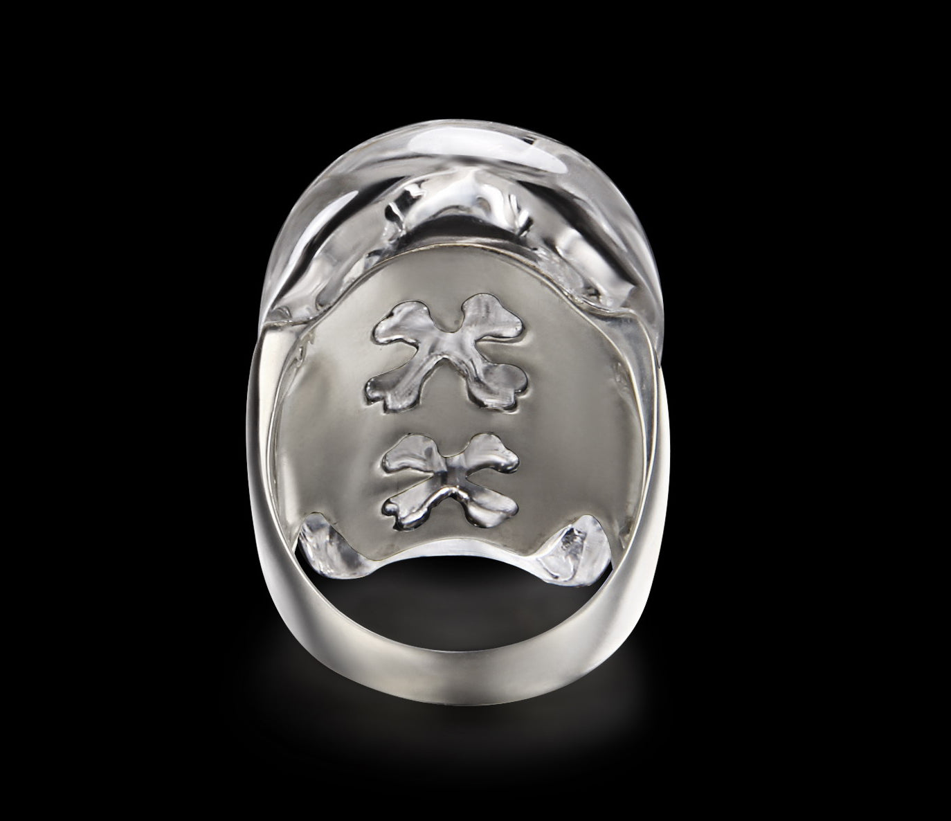 Visage - Skullis Signature Quartz Rock Crystal Carved Gemstone Crystal Skull with Sterling Silver Ring