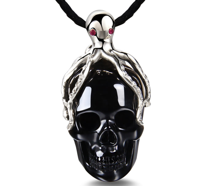 Black Obsidian Carved Crystal Skull Pendant with Silver Octopus and RUBY eyes
