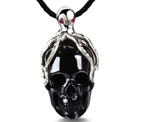 Black Obsidian Carved Crystal Skull Pendant with Silver Octopus and RUBY eyes