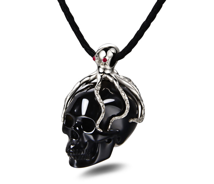 Black Obsidian Carved Crystal Skull Pendant with Silver Octopus and RUBY eyes1