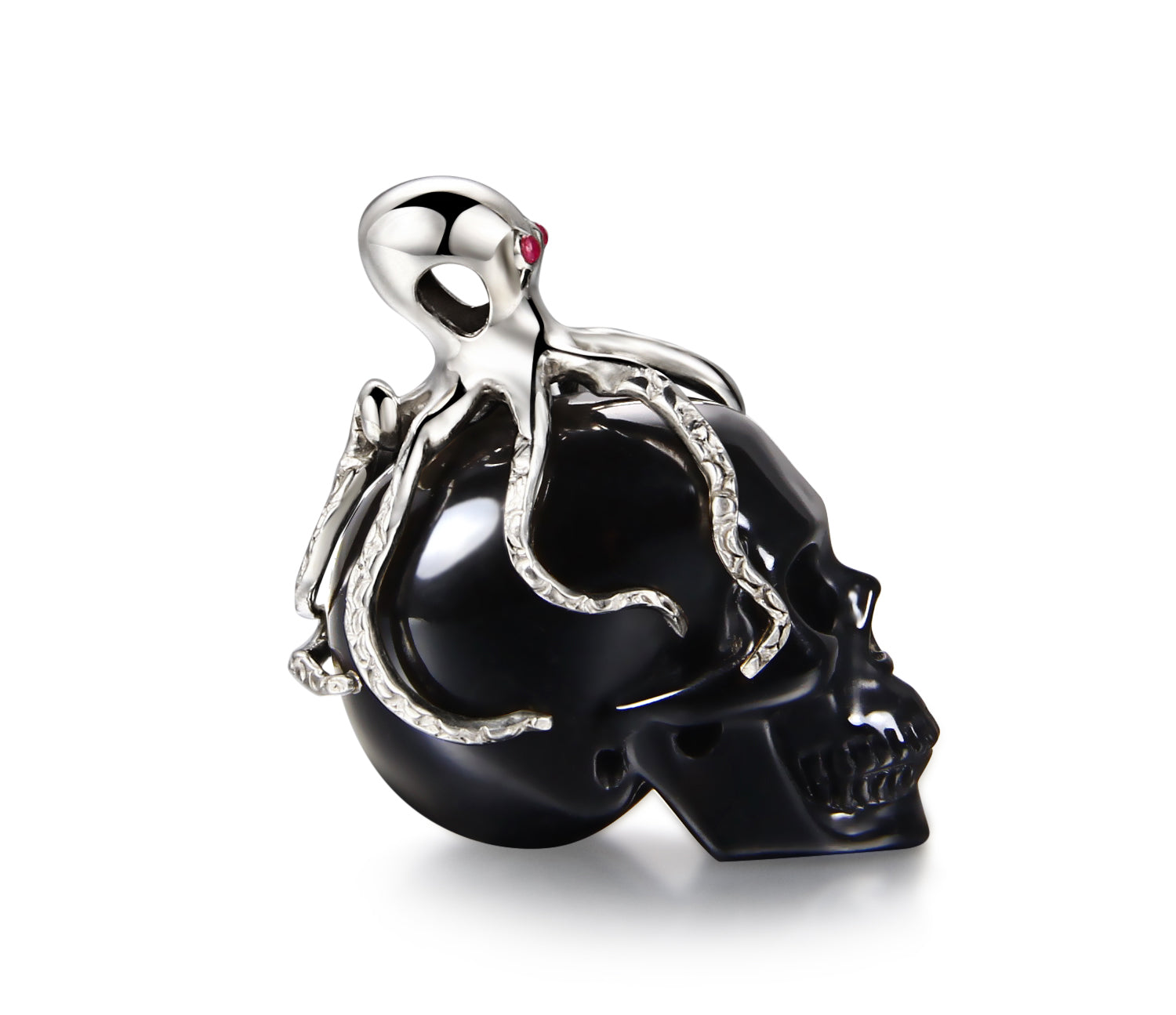 Black Obsidian Carved Crystal Skull Pendant with Silver Octopus and RUBY eyes