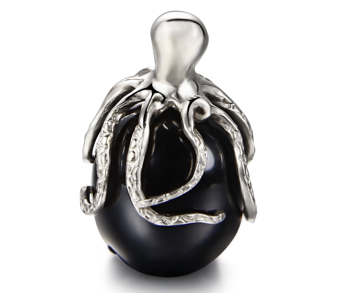 Black Obsidian Carved Crystal Skull Pendant with Silver Octopus and RUBY eyes