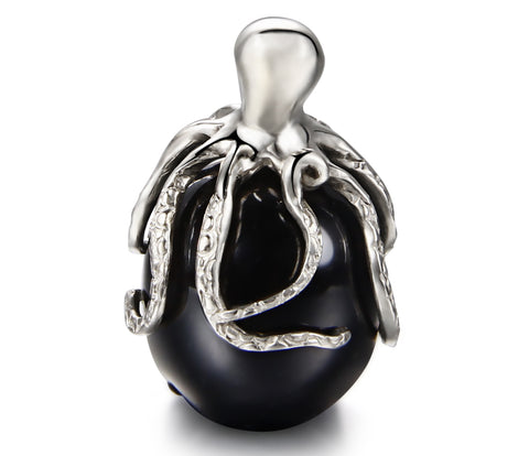 Black Obsidian Carved Crystal Skull Pendant with Silver Octopus and RUBY eyes