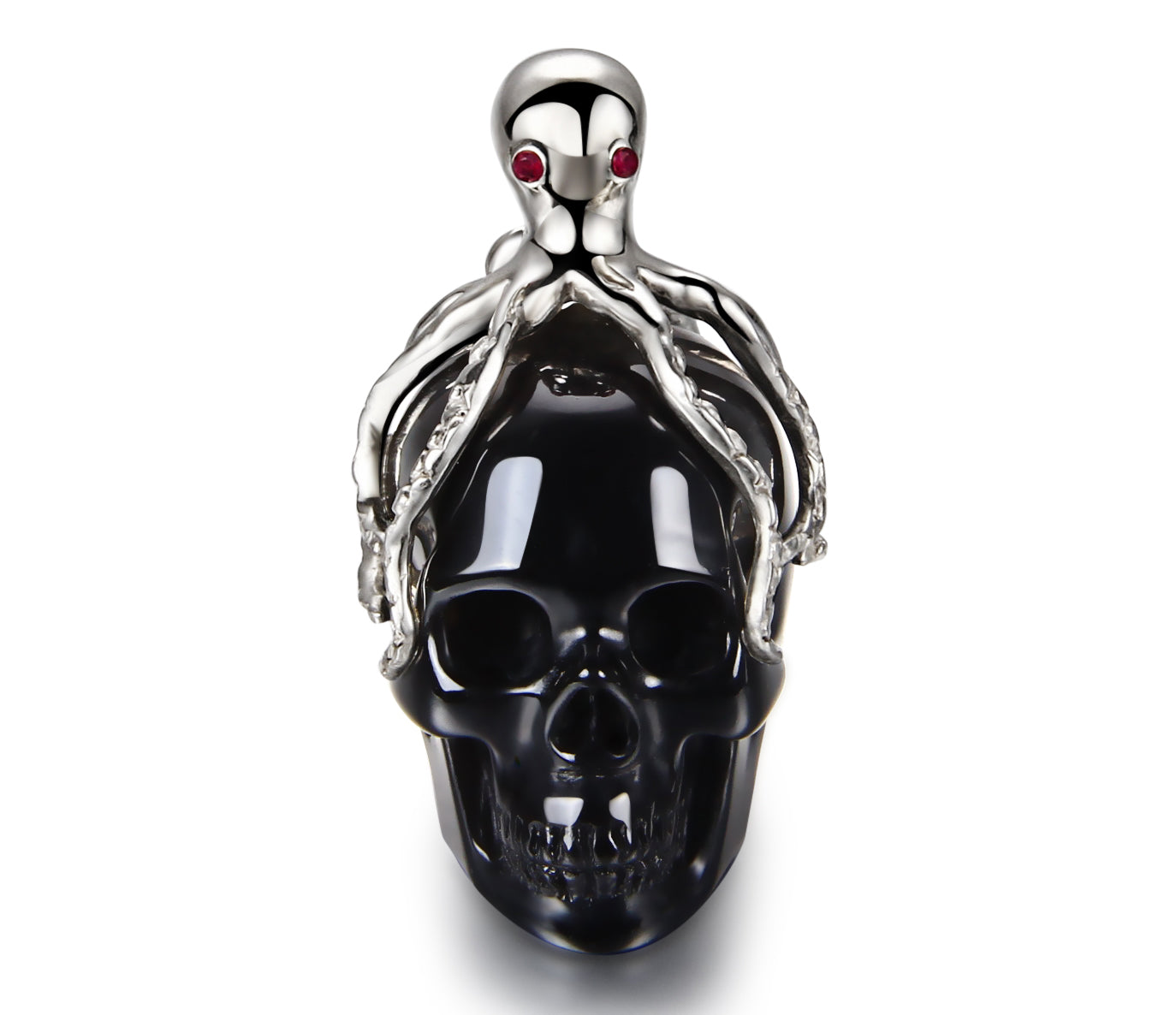 Black Obsidian Carved Crystal Skull Pendant with Silver Octopus and RUBY eyes