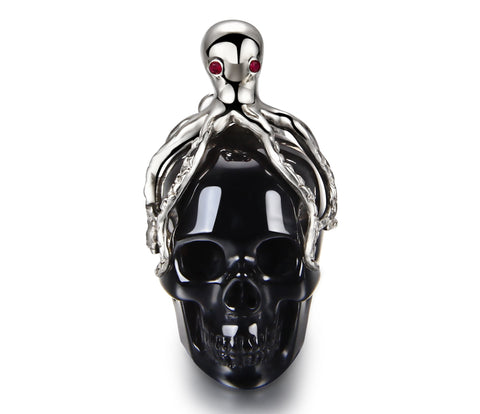 Black Obsidian Carved Crystal Skull Pendant with Silver Octopus and RUBY eyes