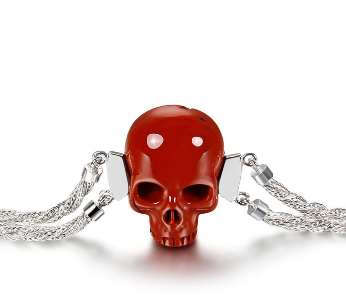 Red Jasper Carved Crystal Skull Bracelet, Silver 9251