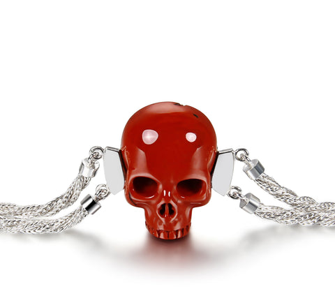 Red Jasper Carved Crystal Skull Bracelet, Silver 9251