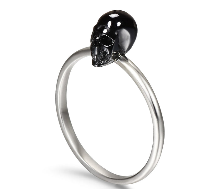 Tiny Black Onyx Carved Gemstone Crystal Skull on Sterling Silver Ring