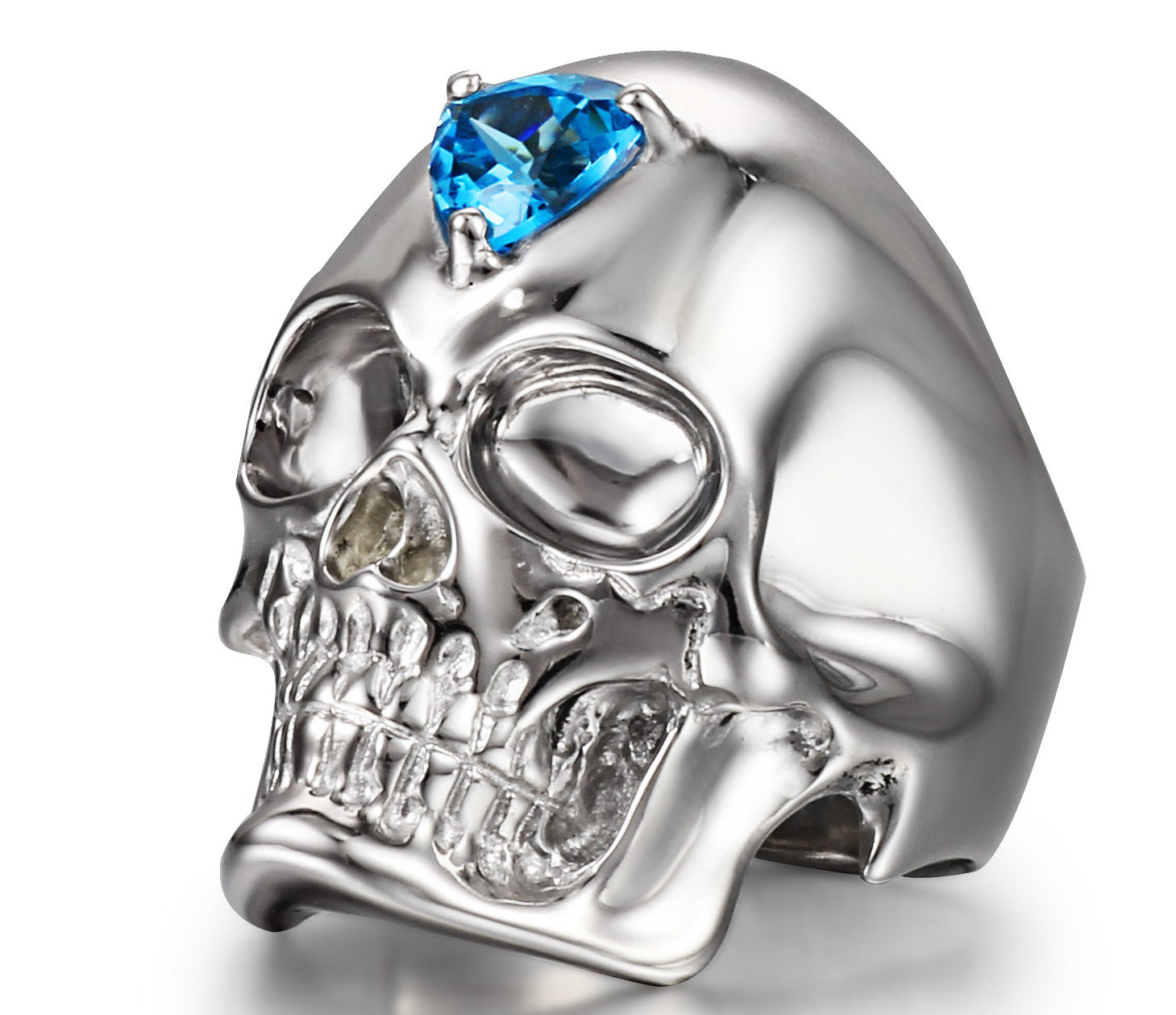 Third Eye - Sky Blue Topaz in Rhodium Plated Sterling Silver Skull Ring
