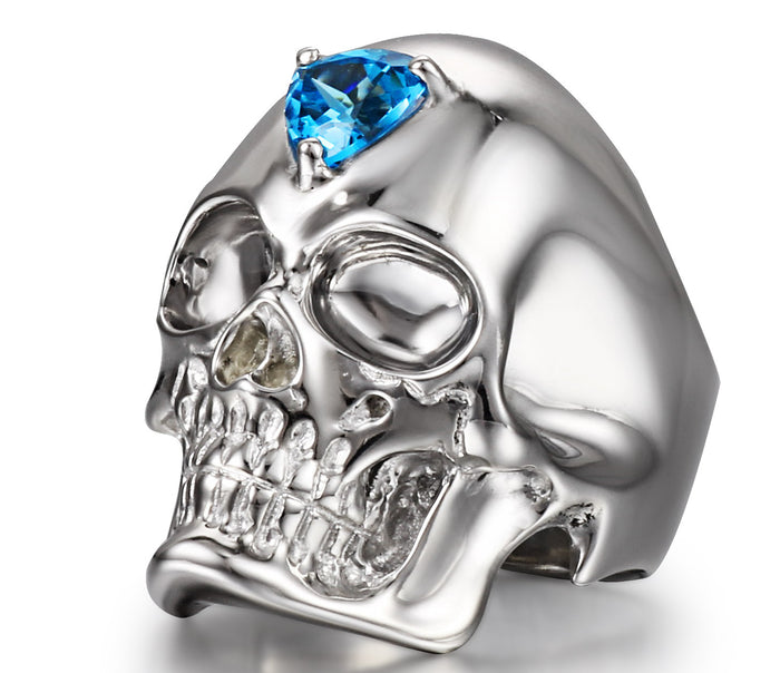 Third Eye - Sky Blue Topaz in Rhodium Plated Sterling Silver Skull Ring