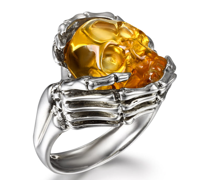 Remember Forever - Ring of Citrine Carved Gemstone Crystal Skull in Sterling Silver Skeletal Hands