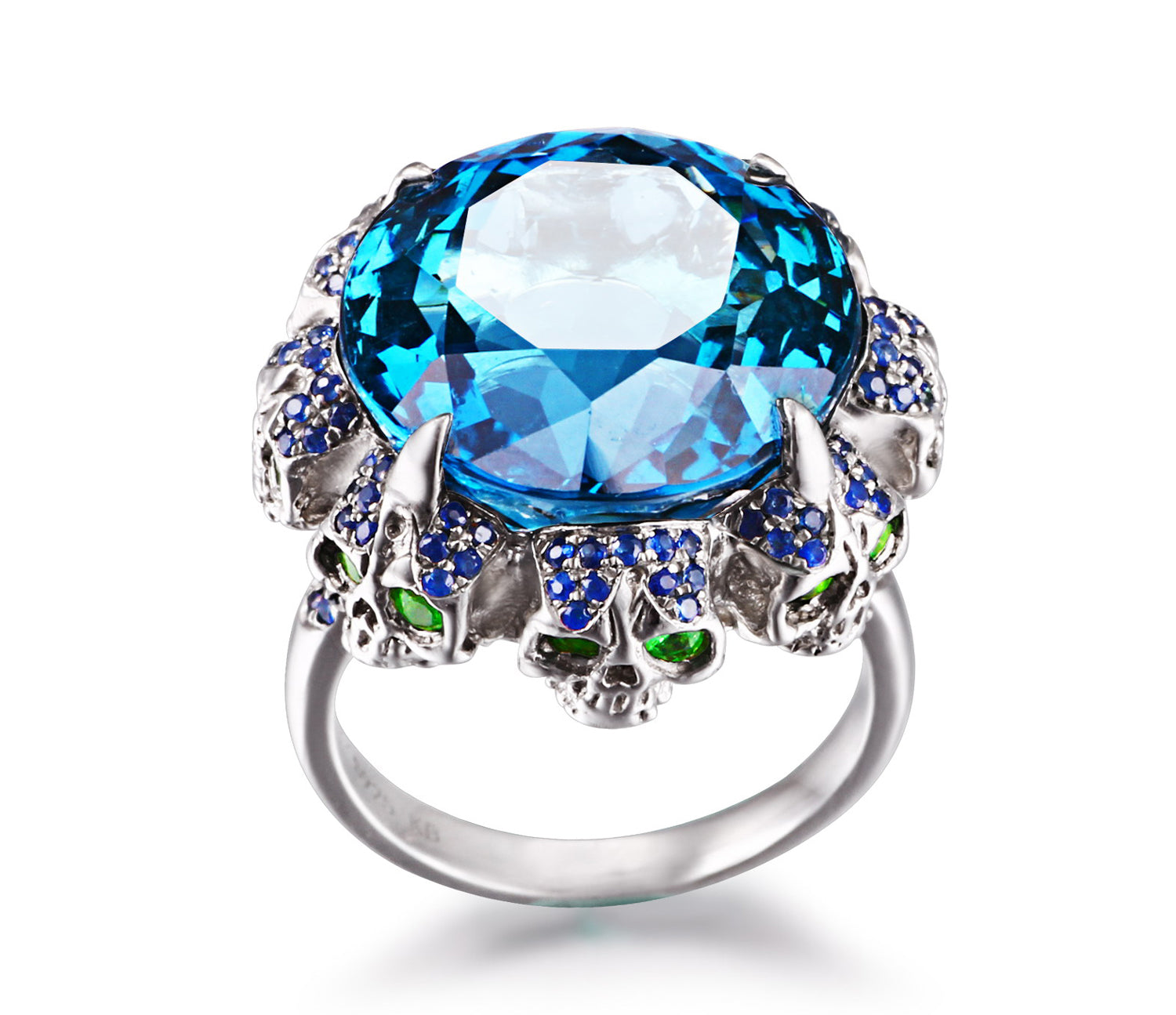  London Blue Topaz with Sapphire and Tsavorite in Sterling Silver Skulls Ring - Skullis Exclusive