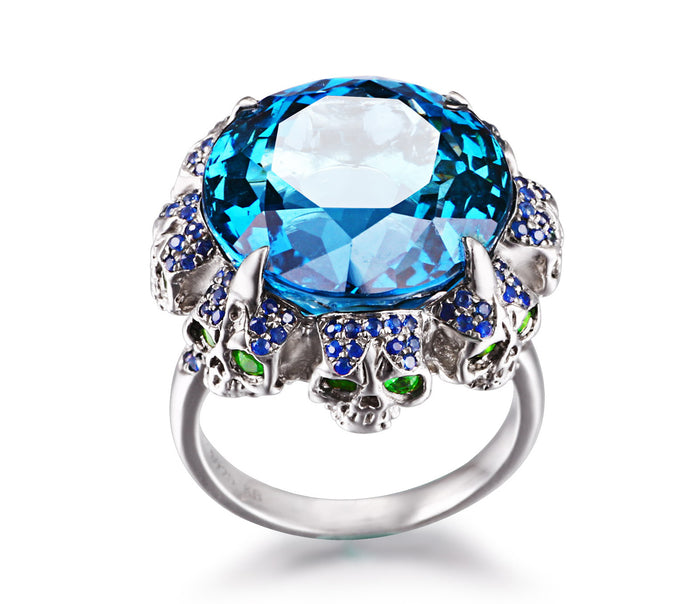  London Blue Topaz with Sapphire and Tsavorite in Sterling Silver Skulls Ring - Skullis Exclusive
