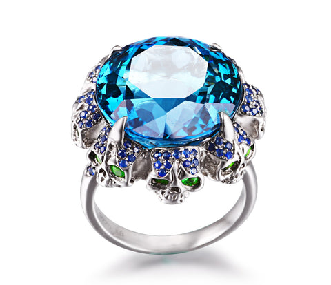  London Blue Topaz with Sapphire and Tsavorite in Sterling Silver Skulls Ring - Skullis Exclusive