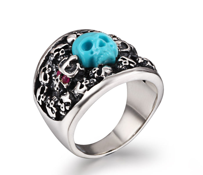 Turquoise Carved Skull with Ruby in Sterling Silver Skulls Ring - Skullis Exclusive