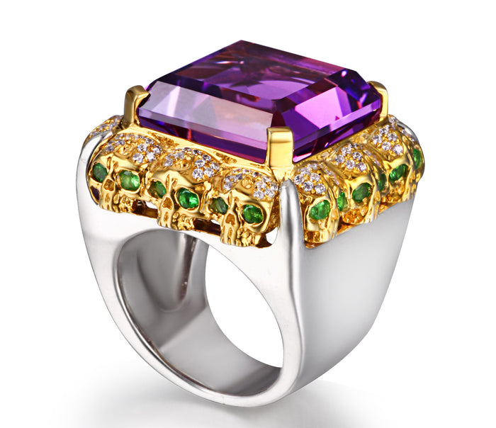 Amethyst with Diamond and Tsavorite Gold Plated Sterling Silver Skulls Ring - Skullis Exclusive