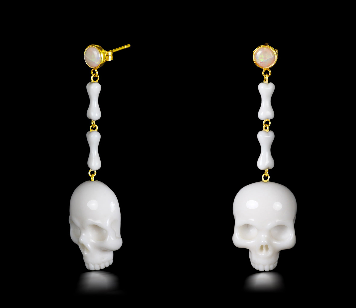 White Chalcedony Carved Crystal Skull Earrings with Gold