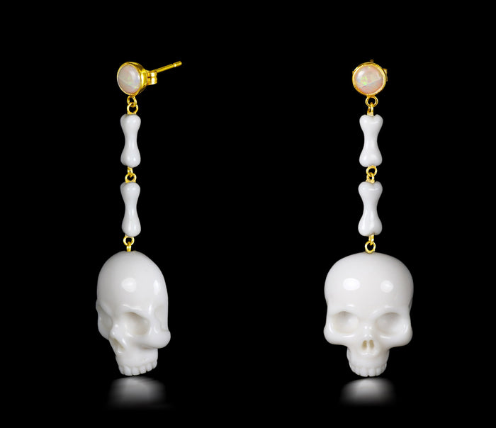 White Chalcedony Carved Crystal Skull Earrings with Gold