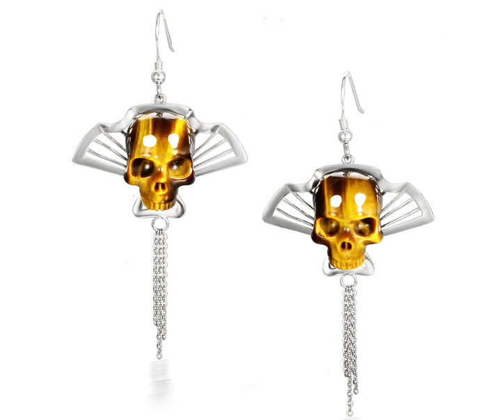 Gemstone Gold Tiger Eye Carved Crystal Skull Earrings with Sterling Silver