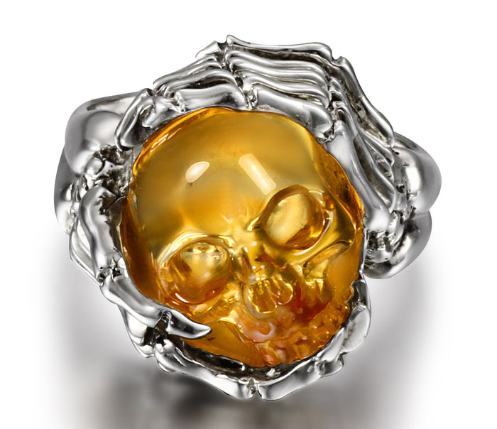 Remember Forever - Ring of Citrine Carved Gemstone Crystal Skull in Sterling Silver Skeletal Hands1