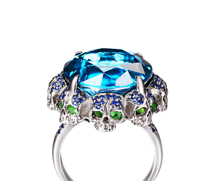 London Blue Topaz with Sapphire and Tsavorite in Sterling Silver Skulls Ring - Skullis Exclusive
