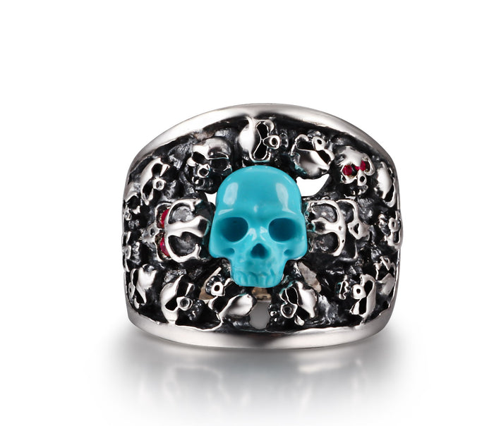 Turquoise Carved Skull with Ruby in Sterling Silver Skulls Ring - Skullis Exclusive1
