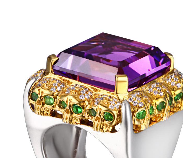 Amethyst with Diamond and Tsavorite Gold Plated Sterling Silver Skulls Ring - Skullis Exclusive1