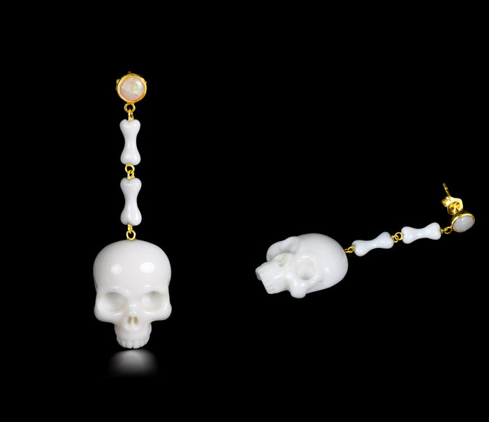 White Chalcedony Carved Crystal Skull Earrings with Gold 1