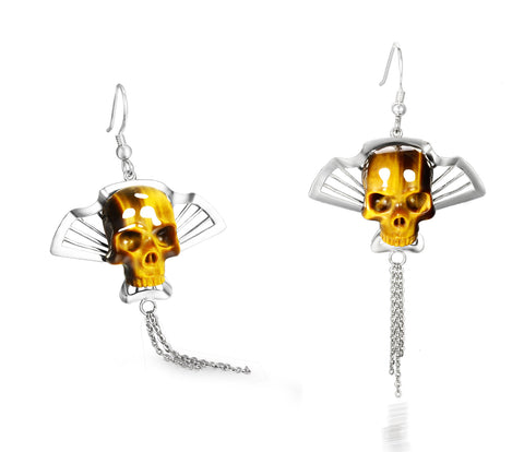 Gemstone Gold Tiger Eye Carved Crystal Skull Earrings with Sterling Silver1