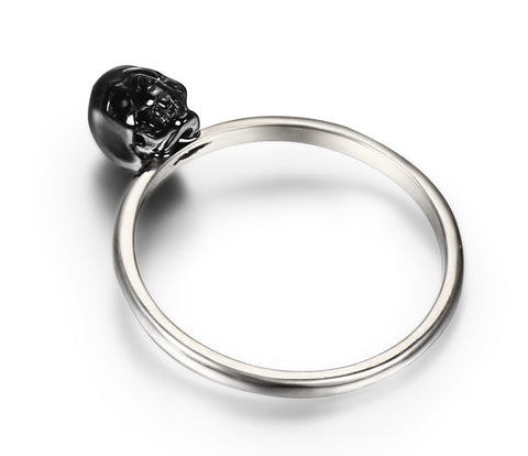 Tiny Black Onyx Carved Gemstone Crystal Skull on Sterling Silver Ring