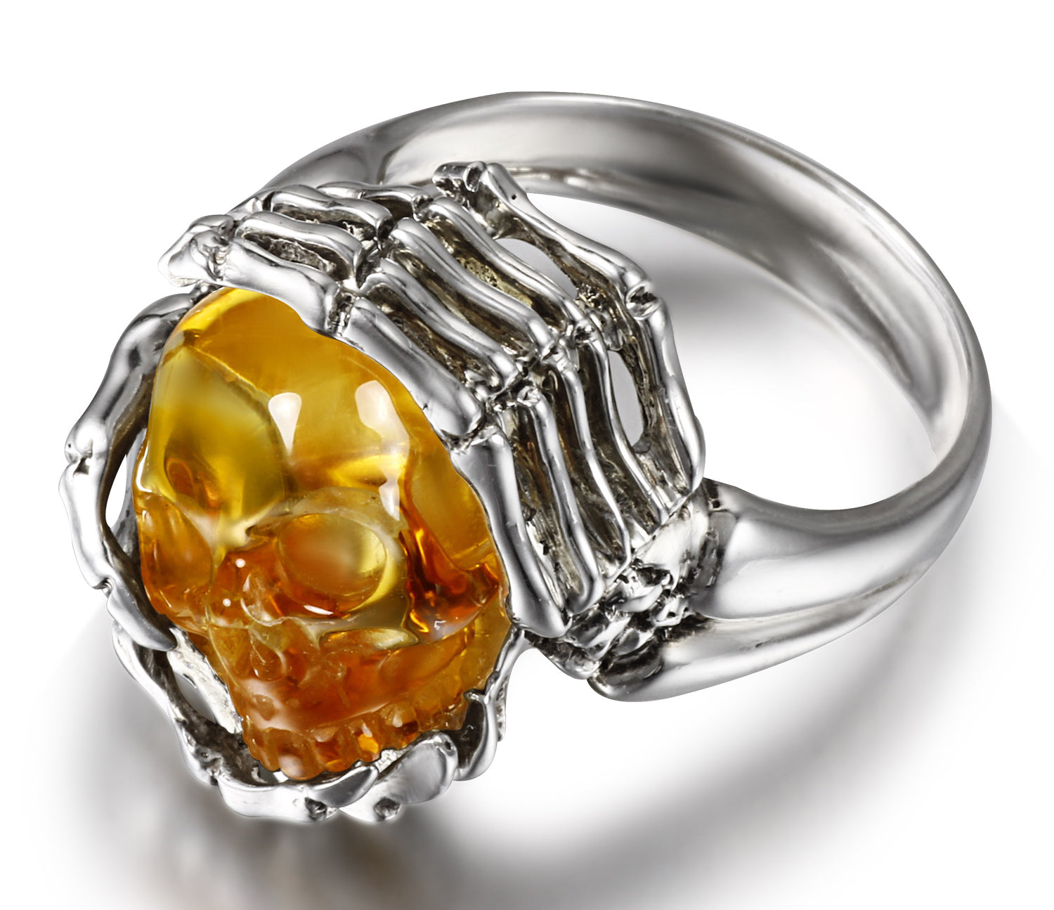 Remember Forever - Ring of Citrine Carved Gemstone Crystal Skull in Sterling Silver Skeletal Hands