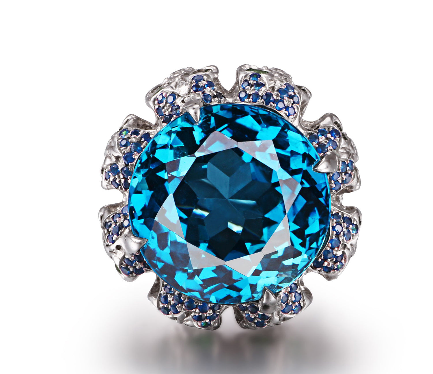 London Blue Topaz with Sapphire and Tsavorite in Sterling Silver Skulls Ring - Skullis Exclusive
