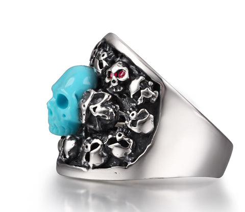 Turquoise Carved Skull with Ruby in Sterling Silver Skulls Ring - Skullis Exclusive