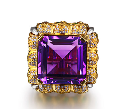 Amethyst with Diamond and Tsavorite Gold Plated Sterling Silver Skulls Ring - Skullis Exclusive