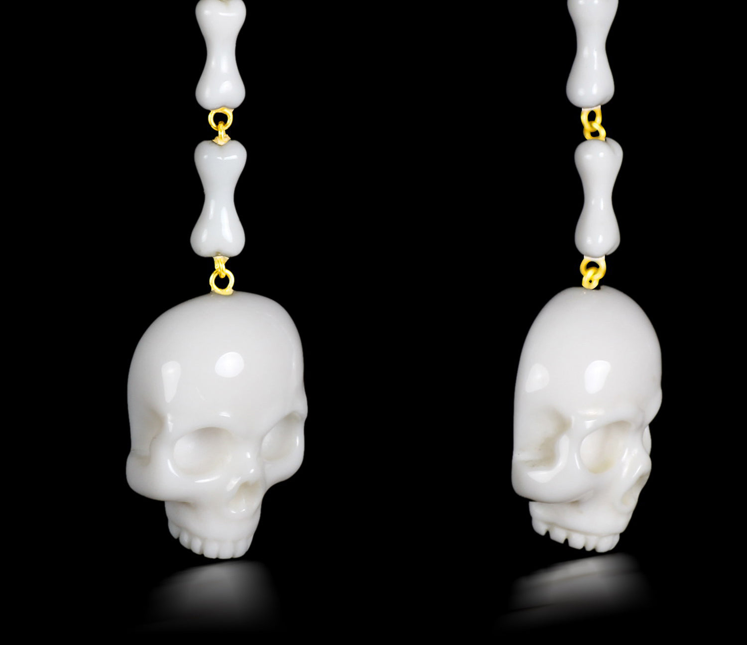 White Chalcedony Carved Crystal Skull Drop Earrings with Gold