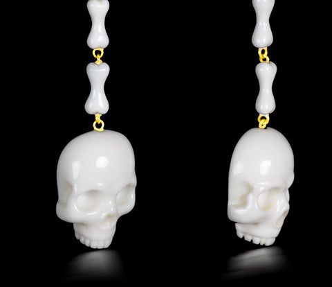 White Chalcedony Carved Crystal Skull Drop Earrings with Gold