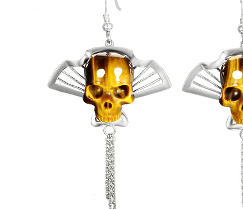 Gemstone Gold Tiger Eye Carved Crystal Skull Earrings with Sterling Silver