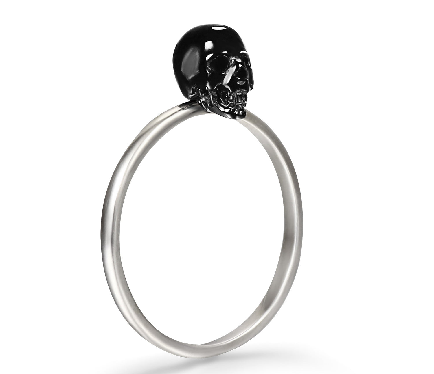 Tiny Black Onyx Carved Gemstone Crystal Skull on Sterling Silver Ring