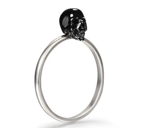 Tiny Black Onyx Carved Gemstone Crystal Skull on Sterling Silver Ring