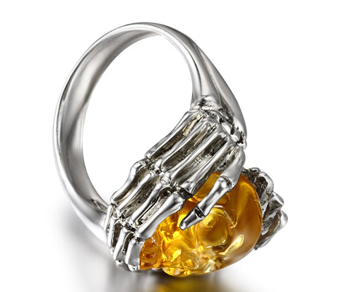 Remember Forever - Ring of Citrine Carved Gemstone Crystal Skull in Sterling Silver Skeletal Hands