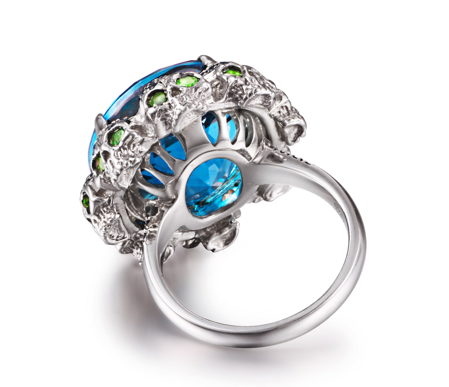 London Blue Topaz with Sapphire and Tsavorite in Sterling Silver Skulls Ring - Skullis Exclusive
