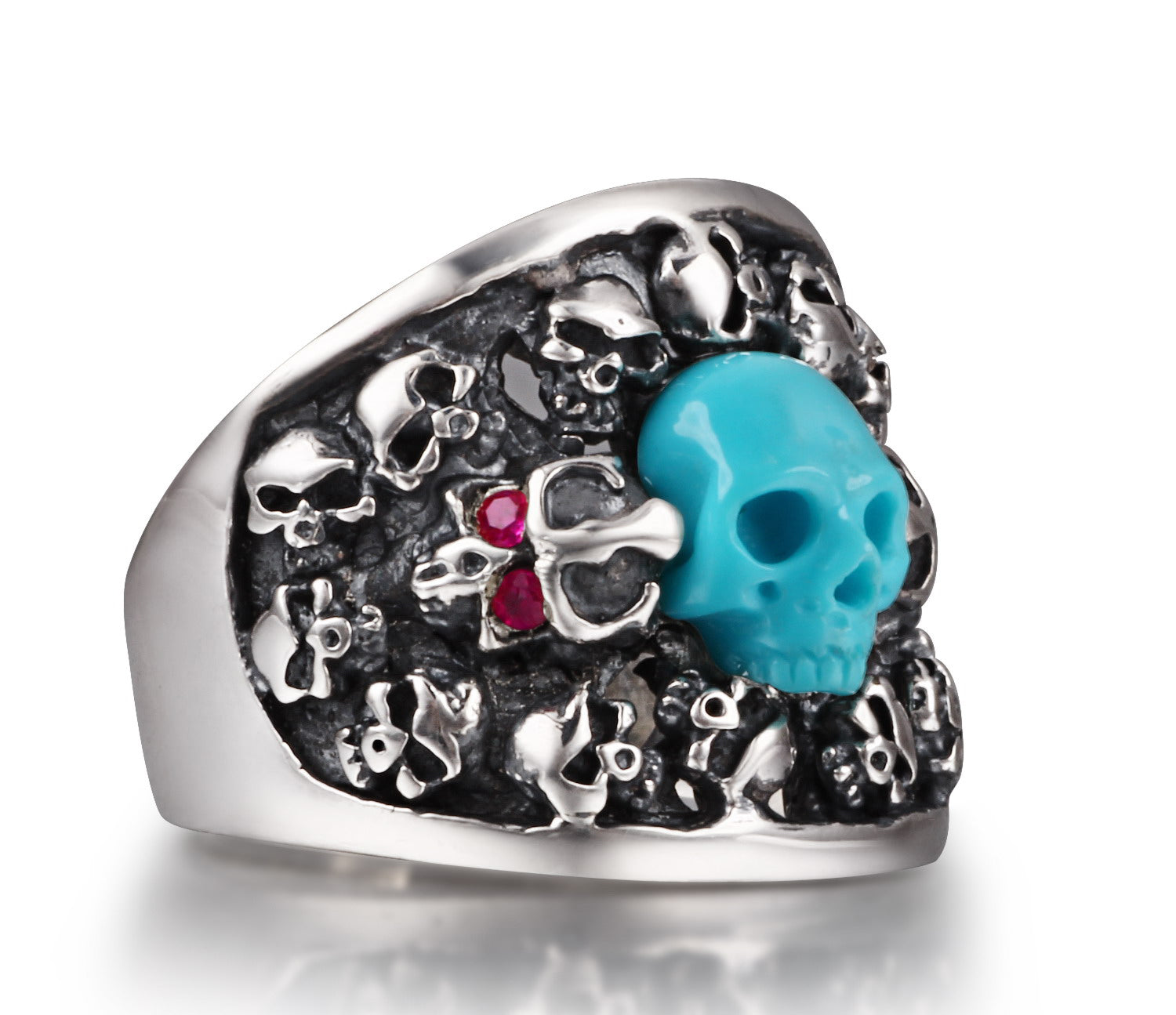 Turquoise Carved Skull with Ruby in Sterling Silver Skulls Ring - Skullis Exclusive
