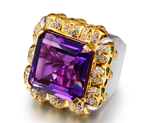 Amethyst with Diamond and Tsavorite Gold Plated Sterling Silver Skulls Ring - Skullis Exclusive