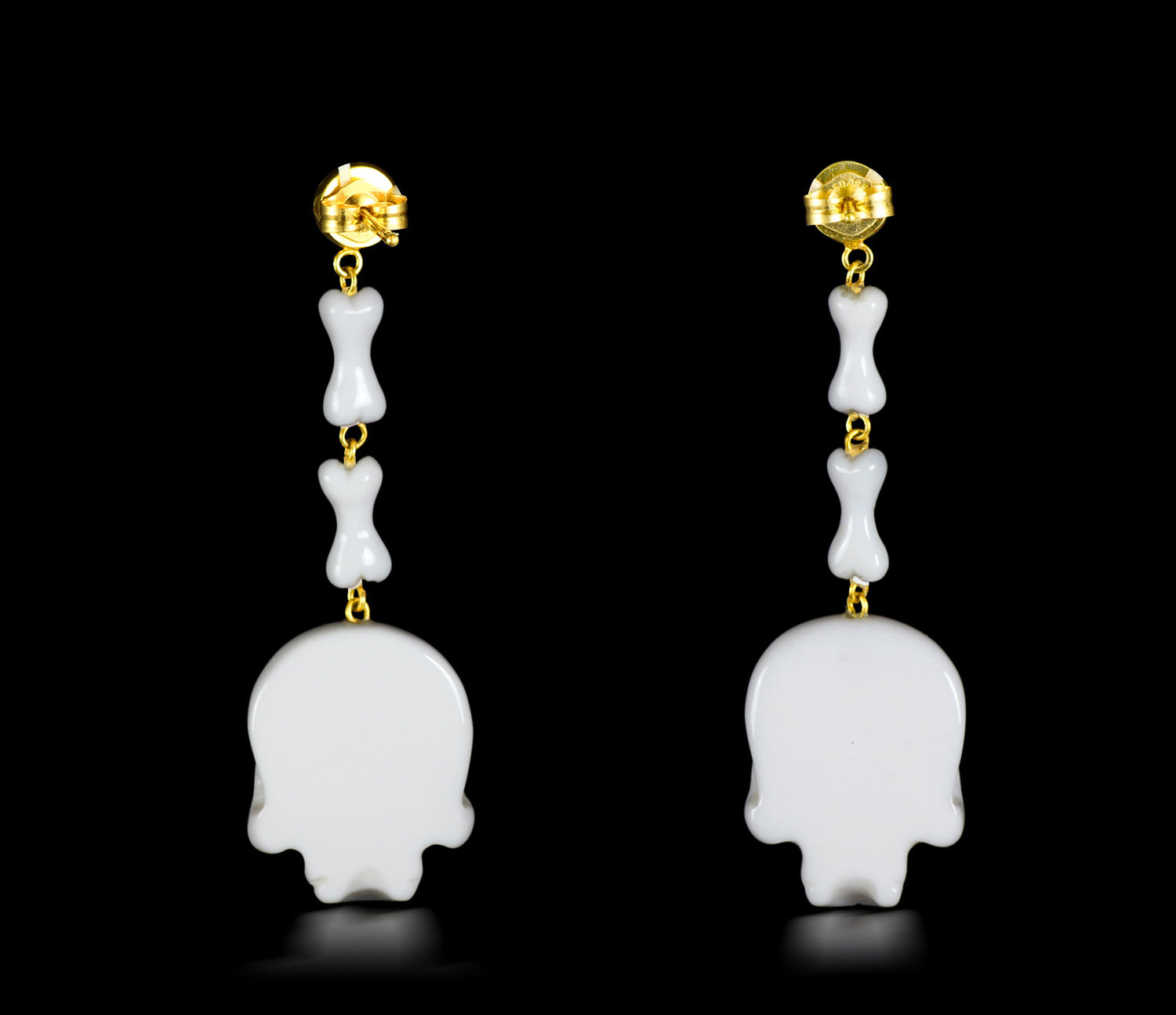 White Chalcedony Carved Crystal Skull Drop Earrings with Gold