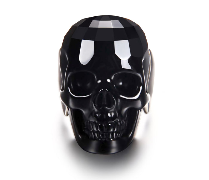 Visage - Skullis Signature Faceted Black Obsidian Carved Gemstone Crystal Skull with Sterling Silver Ring